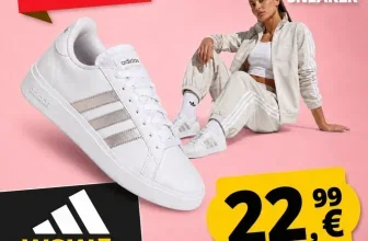 Anzeige für weiße adidas Grand Court Sneaker mit 58% Rabatt und Preis 22,99 €
