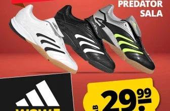 Drei adidas Predator Sala Hallenschuhe in Weiß, Schwarz und Schwarz-Grün mit Rabatt-Aufklebern