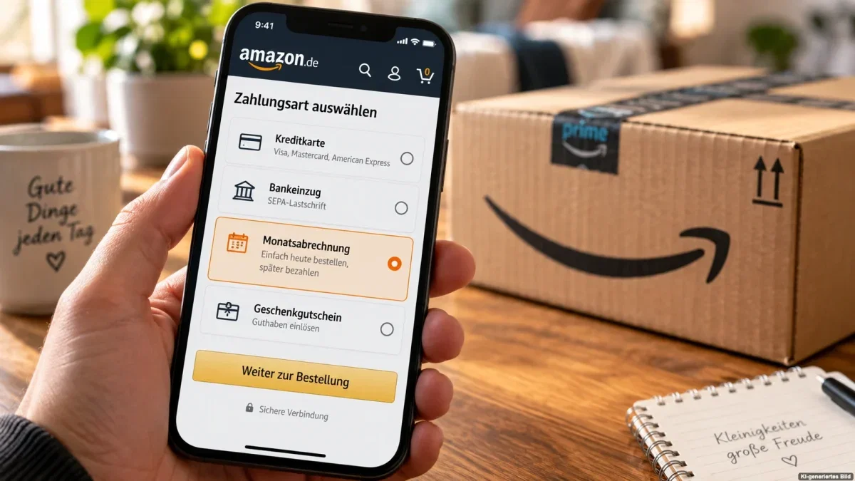 Smartphone mit Auswahl verschiedener Zahlungsarten neben einem Versandpaket als Symbol für eine mögliche Änderung der Amazon-Monatsabrechnung