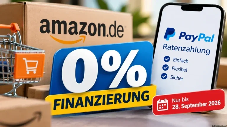 Smartphone neben Versandpaket als Symbol für die 0%-Finanzierung bei Amazon über PayPal Ratenzahlung