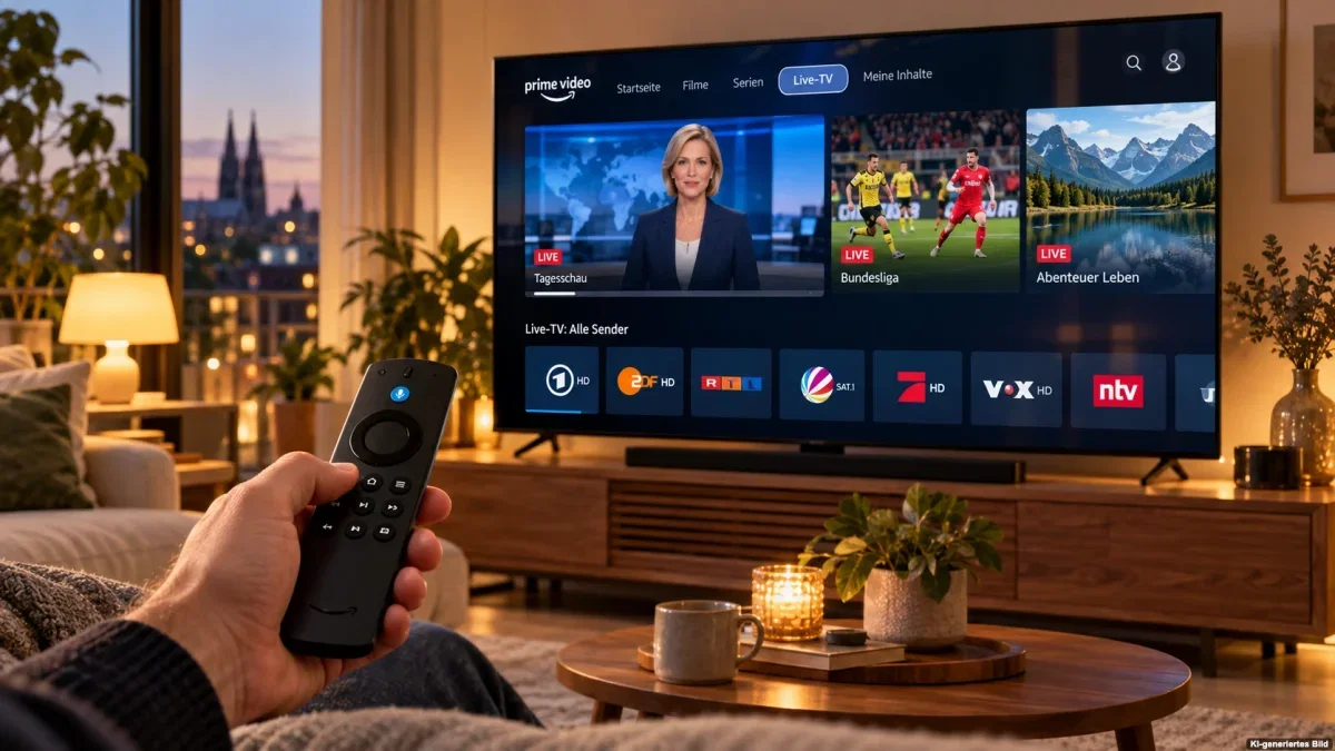 Hand mit Streaming-Fernbedienung vor einem Fernseher mit Prime-Video-Live-TV-Oberfläche