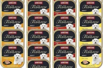 22 Dosen animonda Vom Feinsten Adult Feinschmecker Vielfalt mit verschiedenen Fleischsorten und einem weißen Hund.