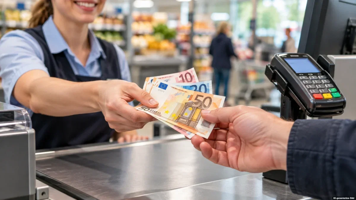 Kassiererin übergibt einem Kunden Euro-Scheine an einer Supermarktkasse