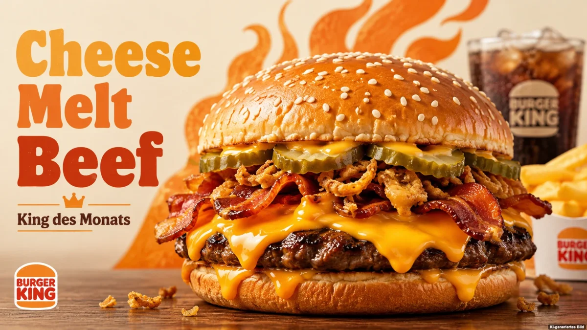 Cheese Melt Beef mit geschmolzenem Käse, Bacon, Gurken und Röstzwiebeln