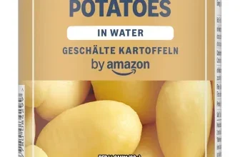 Dose mit gelben geschälten Kartoffeln in Wasser, Etikett mit Nährwerttabelle und Logo von by Amazon