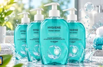 Vier Flaschen Amazon Hygiene Handseife in Türkis mit Pumpspender, umgeben von Wasser und Seifenblasen.