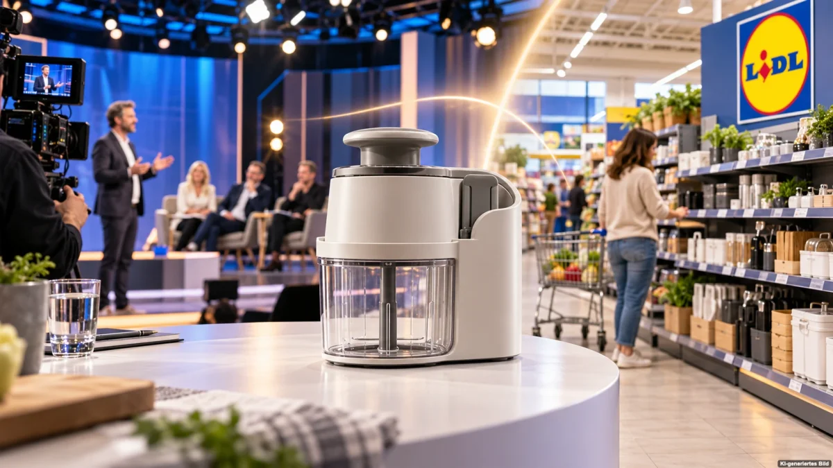 Symbolische Darstellung der TV-Show „Die Millionenidee“ und des anschließenden Verkaufs der Gewinnerprodukte bei Lidl
