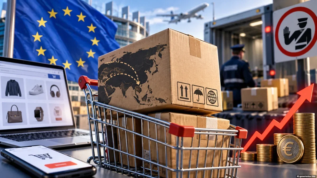 Pakete an einer EU-Zollkontrolle als Symbol für die neue EU-Paketgebühr beim Online-Shopping