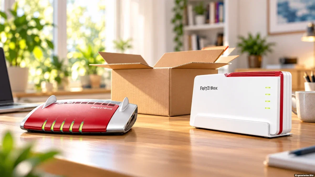 Alte und neue FRITZ!Box neben einem Versandkarton beim Router-Tausch