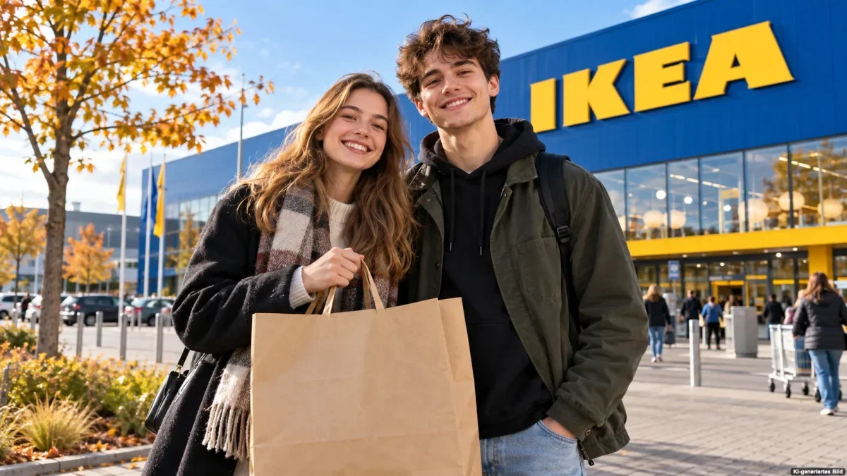 Studierende mit Einkaufstüte vor einem IKEA-Einrichtungshaus