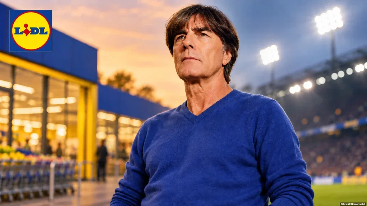 Royalblauer Kaschmirpullover vor einer Lidl- und Fußballkulisse