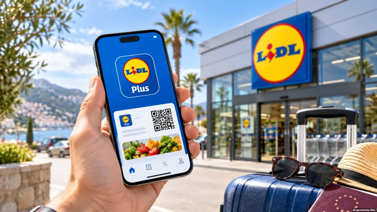 Lidl Plus im Ausland nutzen – Smartphone und Reisekoffer vor einem Supermarkt