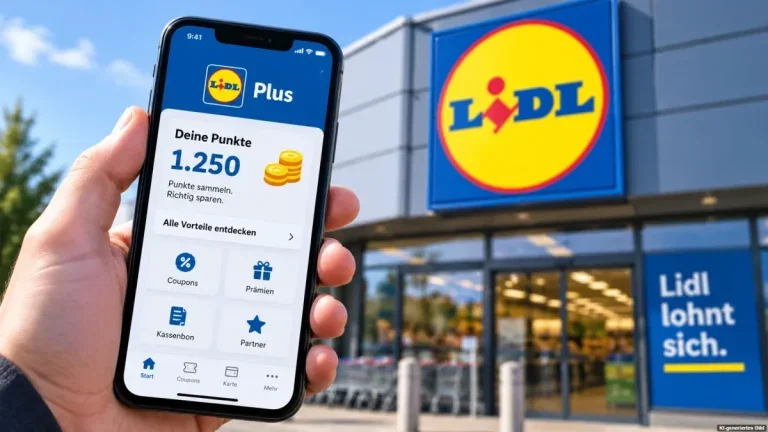 Smartphone vor einer Lidl-Filiale als Symbol für Lidl Plus und gesammelte Punkte