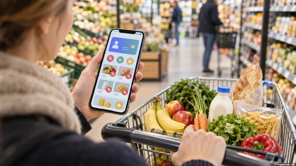 Smartphone mit digitaler Rabatt-App beim Einkauf in einem Supermarkt