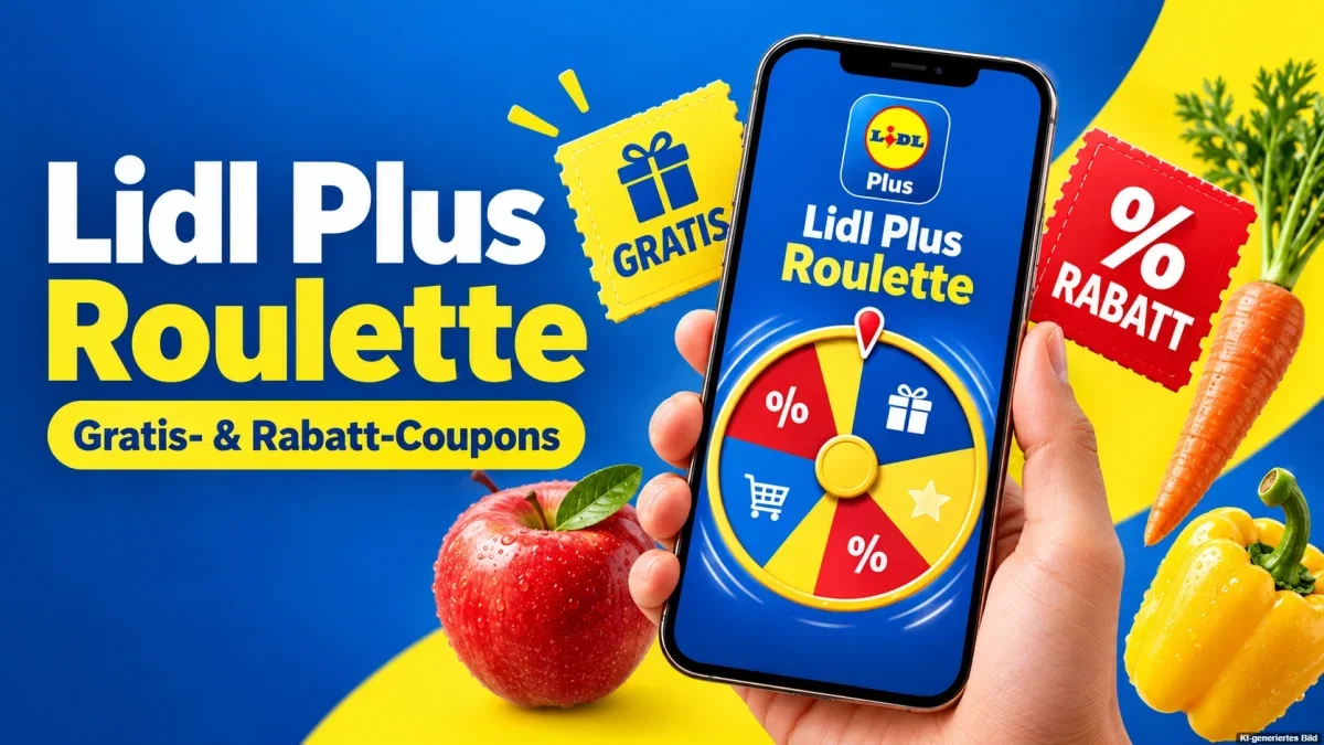 Smartphone mit digitalem Roulette-Rad und Coupons als Symbol für das Lidl Plus Roulette 2026
