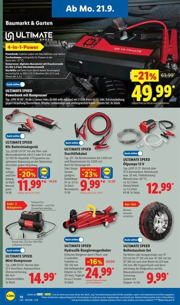 Lidl Auto-Angebote ab 21. September 2026 mit Ultimate Speed Powerbank, Wagenheber und Kfz-Zubehör