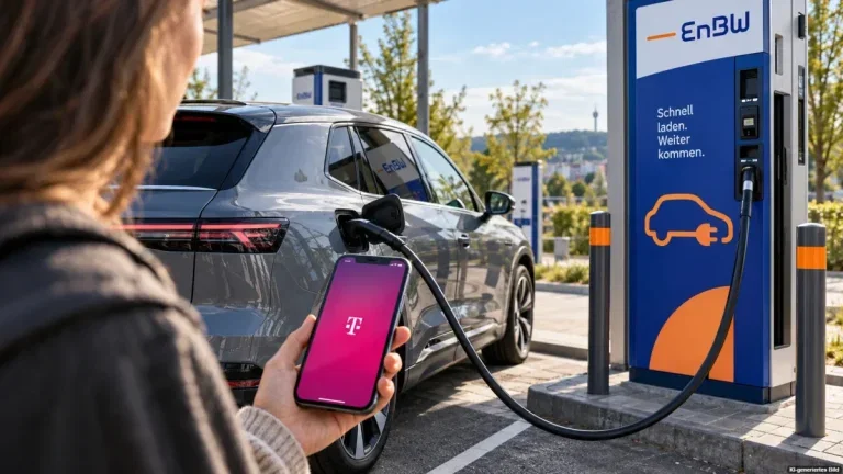 Elektroauto an einer EnBW-Ladesäule mit Smartphone für Magenta Moments