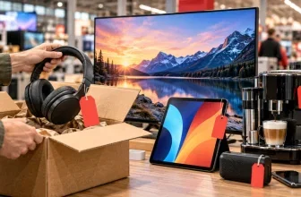 Geöffneter Karton mit reduzierter Elektronik und roten Preisschildern als Symbol für die MediaMarkt- und Saturn-Fundgrube