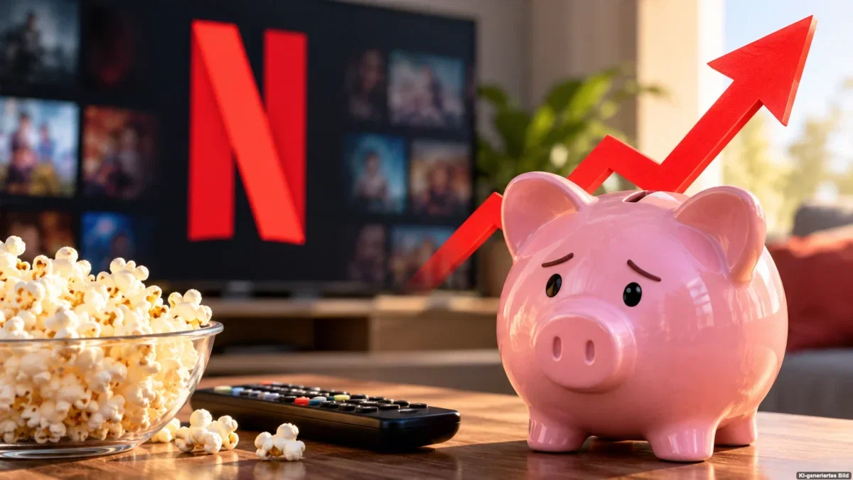 Sparschwein und steigender roter Pfeil vor einem Fernseher als Symbol für die Netflix-Preiserhöhung in Deutschland