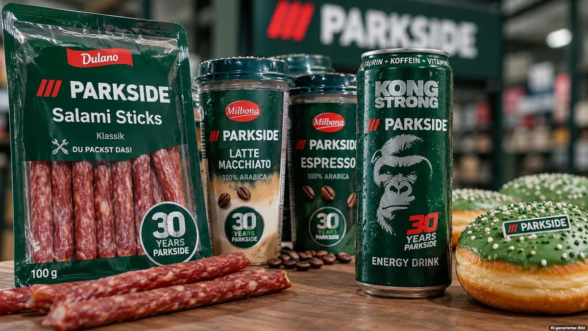 Parkside-Lebensmittel bei Lidl und Kaufland zum 30-jährigen Jubiläum mit Salami, Kaffee und Energydrink