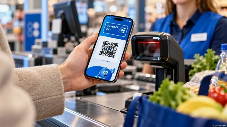 Smartphone mit PAYBACK PAY beim mobilen Bezahlen an einer Kasse