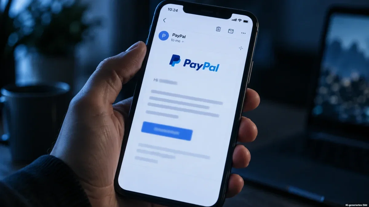 Smartphone mit verdächtiger PayPal-E-Mail als Symbol für Phishing