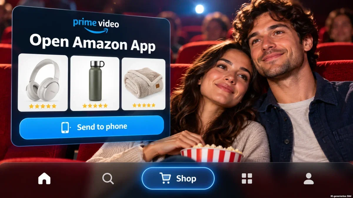 Paar beim Streaming vor einem Fernseher mit visuellen Shopping-Produktvorschlägen