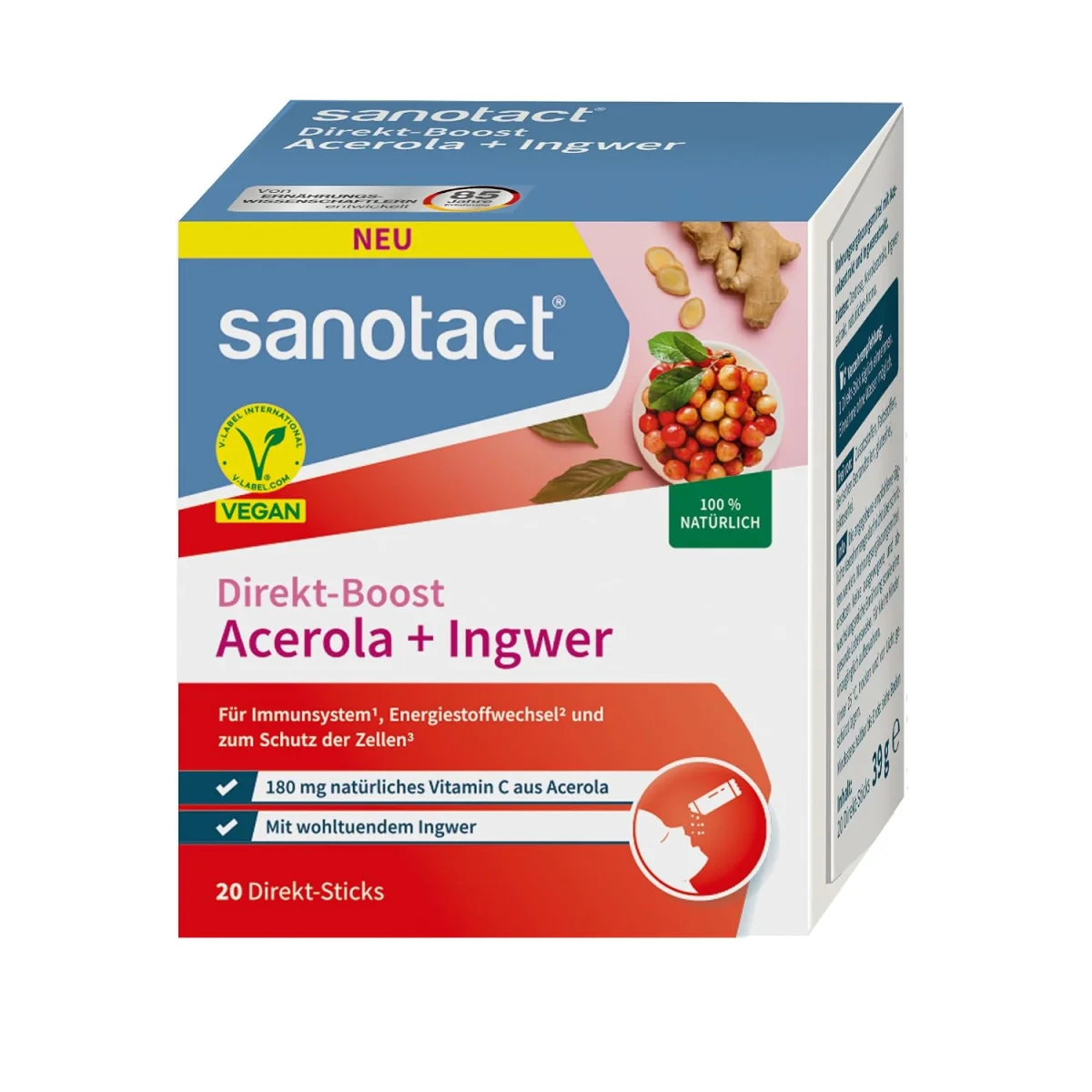 sanotact Direkt-Boost Acerola + Ingwer (20 Sticks 180 mg natürliches Vitamin C)