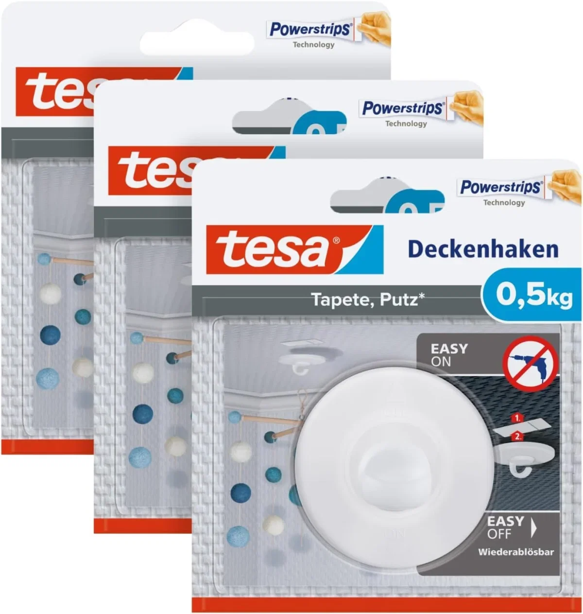 tesa Deckenhaken Tapeten & Putz – 3 Haken inkl Powerstrips (500g)