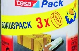 Braune tesa Pack Klebebandrolle mit gelbem Bonuspack-Aufkleber und Kartonabbildung