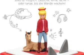 Tonie-Figur von Bibi und Tina mit Pferd auf roter Toniebox mit Sprechblasen und Musiksymbolen