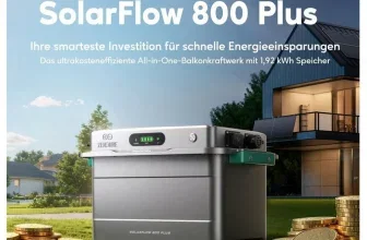 Zendure SolarFlow 800 Plus auf Wiese mit Münzen und Haus im Hintergrund