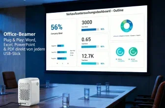 Weißer Beamer auf Konferenztisch, projiziert ein Dashboard mit Office-Icons
