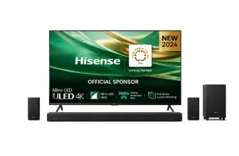 Hisense 75E8S MiniLED 4K TV mit AX512H Soundbar und Subwoofer auf weißem Hintergrund