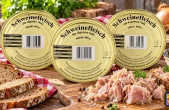Drei Dosen Schweinefleisch im eigenen Saft auf einem Holzbrett neben Brotscheiben und Zwiebeln