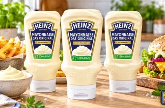 Drei Flaschen Heinz Mayonnaise Das Original auf einem Holztisch, daneben Pommes Frites und ein Burger.