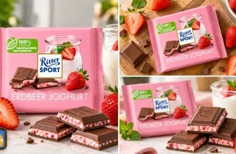 Ritter Sport Erdbeer-Joghurt Schokolade mit frischen Erdbeeren und Joghurtglas auf hellem Hintergrund