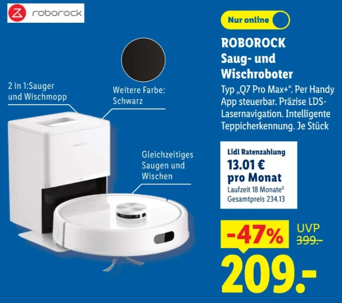 Lidl-Angebot für den Roborock Q7 Pro Max+ Saug- und Wischroboter für 209 Euro