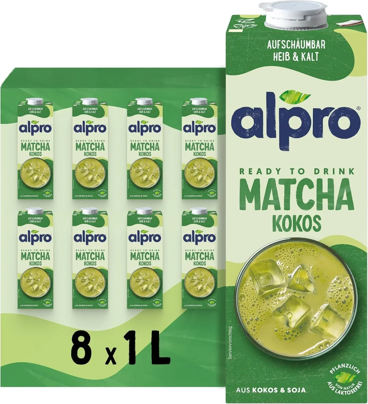 Alpro Matcha Kokos als trinkfertige vegane Milchalternative für kalte und warme Matcha Latte