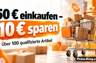 Einkaufswagen voller Pakete mit Rabatt-Aufklebern und Text 50 € einkaufen 10 € sparen