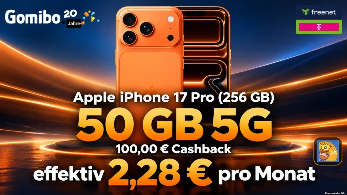 Gomibo: Apple iPhone 17 Pro (256 GB) + 100,00 € Cashback + freenet Telekom Allnet-Flat 50 GB 5G für 44,99 € / Monat + 343,95 € einmalig