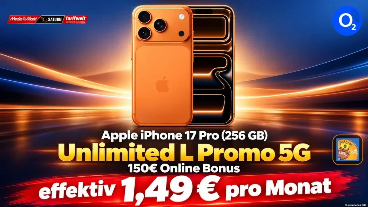 MediaMarkt Tarifwelt: Apple iPhone 17 Pro (256 GB) + 150€ Online Bonus + o2 Mobile Unlimited L Promo 5G für 44,99 € / Monat + 294,94 € einmalig