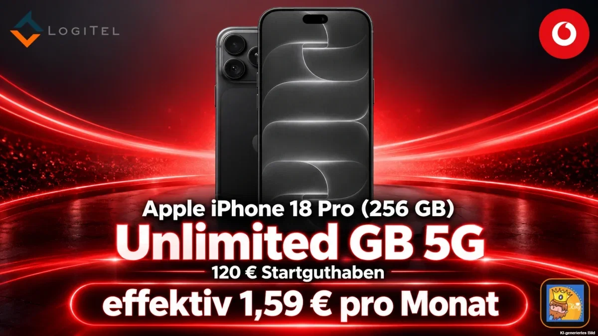 Logitel: Apple iPhone 18 Pro (256 GB) + 120 € Startguthaben + Vodafone Smart M Aktion Unlimited GB 5G für 44,99 € / Monat + 533,99 € einmalig