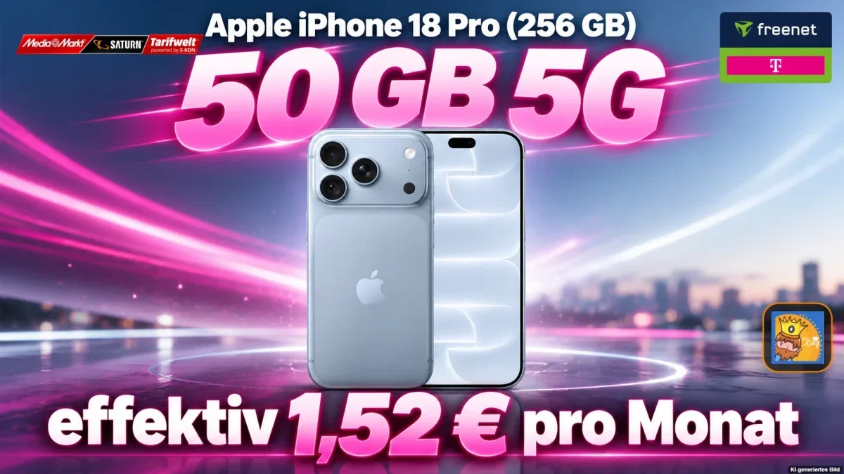 MediaMarkt Tarifwelt: Apple iPhone 18 Pro (256 GB) + freenet Telekom Allnet Flat 50 GB 5G (Tarif 1) + 5 GB 5G (Tarif 2) für 54,98 € / Monat + 194,94 € einmalig