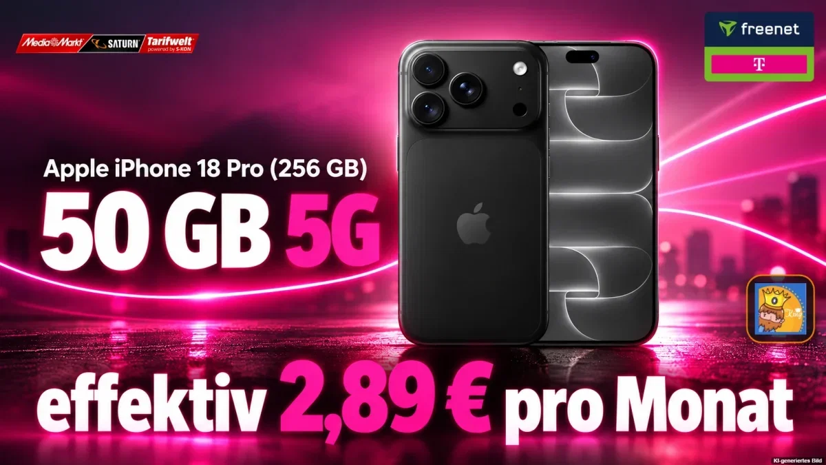 MediaMarkt Tarifwelt: Apple iPhone 18 Pro (256 GB) + freenet Telekom Allnet Flat 50 GB 5G (Tarif 1) + 5 GB 5G (Tarif 2) für 54,98 € / Monat + 194,94 € einmalig