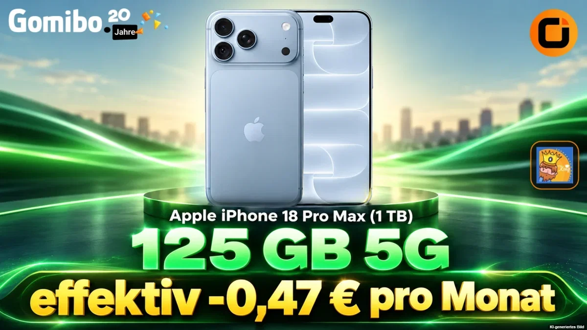Gomibo: Apple iPhone 18 Pro Max (1 TB) + otelo Vodafone Allnet-Flat 125 GB 5G für 24,99 € / Monat + 1.783,95 € einmalig