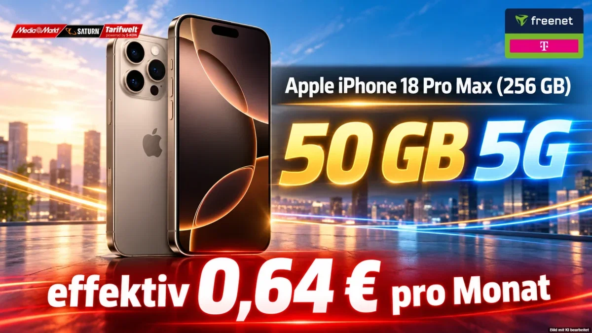 MediaMarkt Tarifwelt: Apple iPhone 18 Pro Max (256 GB) + freenet Telekom Allnet Flat 50 GB 5G (Tarif 1) + 5 GB 5G (Tarif 2) für 54,98 € / Monat + 344,94 € einmalig