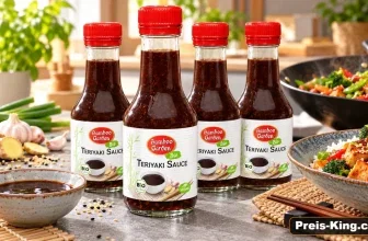 Vier Flaschen Bamboo Garden Bio Teriyaki Sauce in einer Küche neben Gemüse und einem Wok.