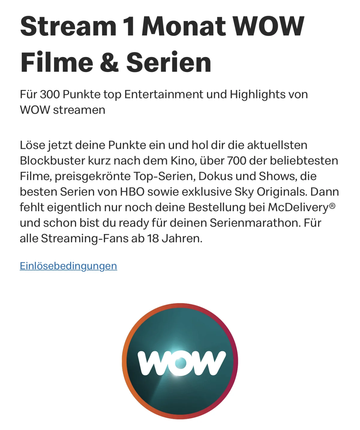 McDonald’s Punkte: Für 300 Punkte bekommt Ihr 1 Monat WOW Filme & Serien Gratis