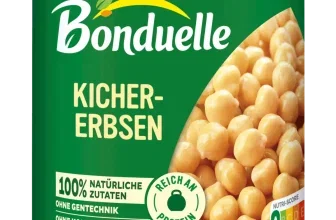 Grüne Bonduelle-Dose mit Kichererbsen, Hinweis auf 100 % natürliche Zutaten und Nutri-Score A.